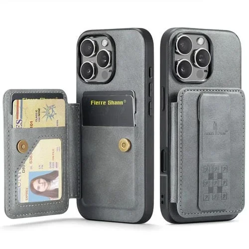 Funda para iPhone 16 Pro Max Fierre Shann Piel de Vaca con Cera y Tarjetero (Gris)