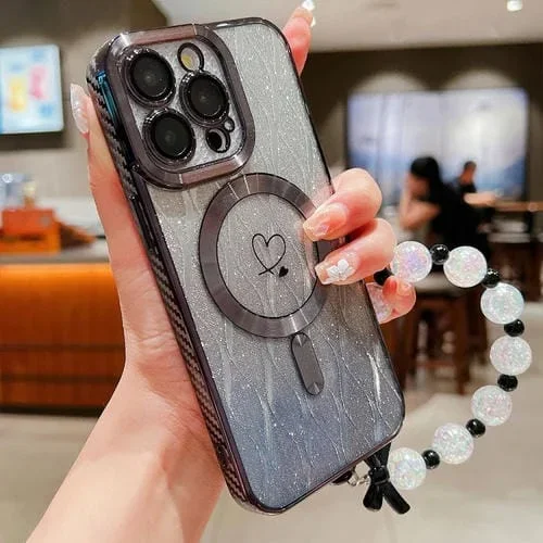 Funda para iPhone 16 Pro Max TPU con Purpurina Degradada, Hojas de Amor, Fibra de Carbono y Magsafe (Negra)