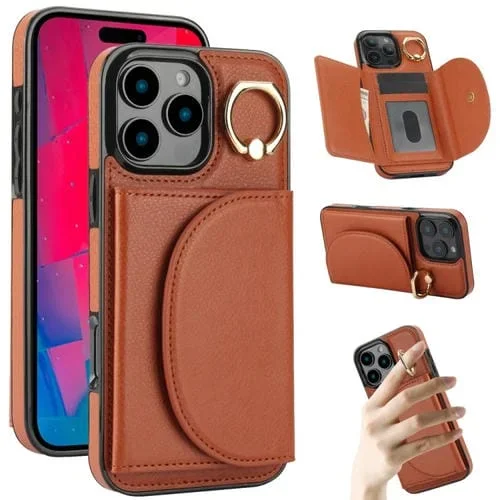 Funda para iPhone 16 Pro Max Ym007 con Tarjetero y Anillo Tacto Suave (Marrón)