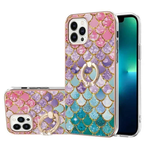 Funda para iPhone 16 Pro TPU con Patrón Galvanoplastia Imd y Soporte Anillo Diamantes (Escamas de Colores)