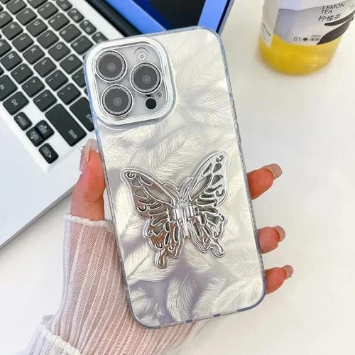 Funda para iPhone 16 Pro TPU con Textura Brillante y Soporte Mariposa (Plumas Blancas)