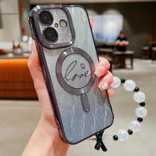 Funda para iPhone 16 Purpurina Degradada Hojas de Amor Duales con Magsafe (Negro)