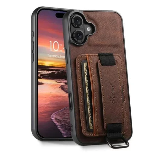 Funda para iPhone 16 Suteni H13 con Correa de Muñeca Cuero de Lichi y Billetera (Marrón)