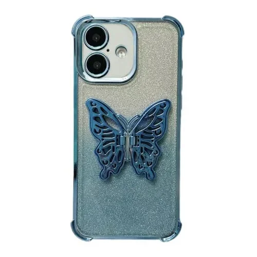 Funda para iPhone 16 TPU con Purpurina Galvanizada 3D y Diseño Mariposa (Azul Degradado)