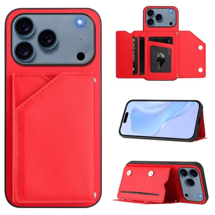 Funda para iPhone 17 Pro Max con cuatro ranuras para tarjetas y correa para la muñeca (roja)
