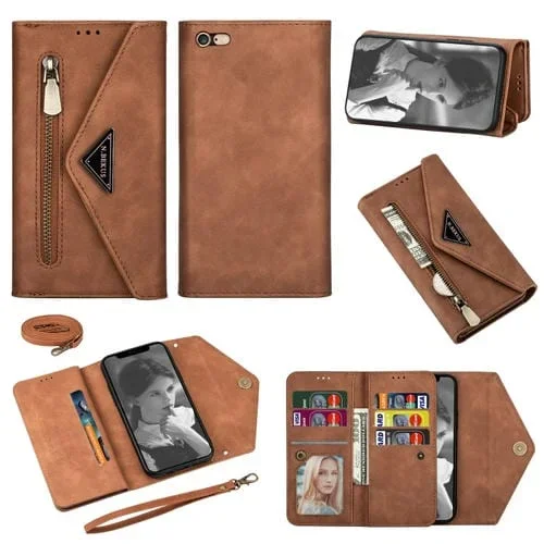 Funda para iPhone 6 Plus Skin Feel Zipper Cuero con Tapa Horizontal Soporte Ranuras Tarjetas Marco Fotos Cordón (Marrón)