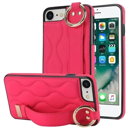 Funda para iPhone 7 Antideslizante Cobertura Completa Anillo PU con Muñequera (Rosa Roja)
