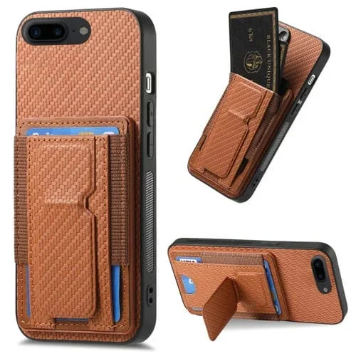 Funda para iPhone 7 Plus/8 Plus con Bolsa para Tarjeta Elástica y Soporte Plegable de Fibra de Carbono (Marrón)