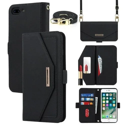 Funda para iPhone 8 Plus y 7 Plus Cross Texture Lanyard de Cuero (Negro)