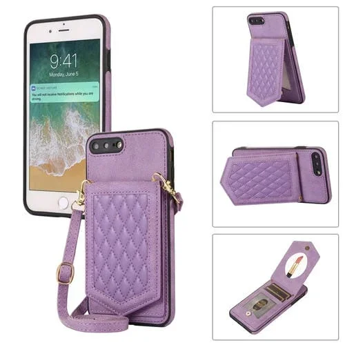 Funda para iPhone 8 Plus y 7 Plus Rhombic Texture Rfid con Cordón y Espejo (Púrpura)