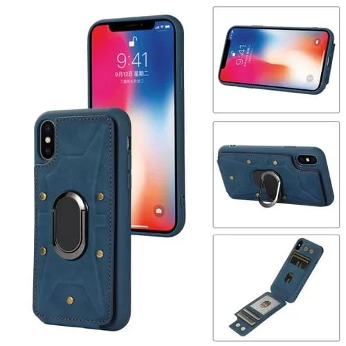 Funda para iPhone X Xs Armor Ring Wallet Back Cover Phone Case (Azul)