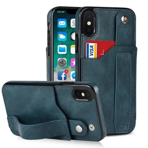 Funda para iPhone X Xs Crazy Horse Texture Cuero TPU PU a Prueba de Golpes Ranura Tarjeta Correa Muñeca (Azul Zafiro)
