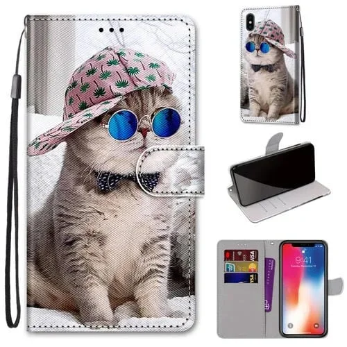 Funda para iPhone X / Xs Cuero PU Textura Cruzada con Tapa Horizontal Soporte Ranuras Tarjetas Billetera Cordón (Slant Hat Blue Mirror Cat)
