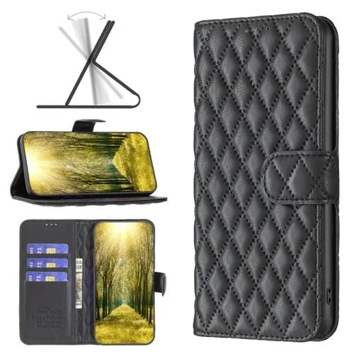 Funda para iPhone X Xs Diamond Lattice Wallet de Cuero con Tapa para Teléfono (Negro)