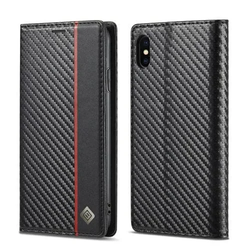 Funda para iPhone X Xs Lc.Imeeke Cuero con Tapa Horizontal Fibra de Carbono Pu TPU Soporte Ranura Tarjeta Billetera (Negro)