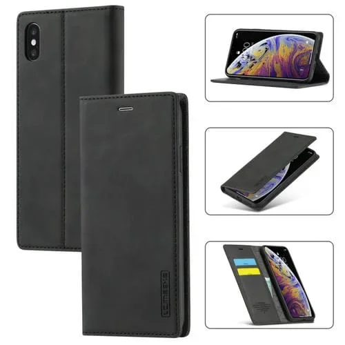 Funda para iPhone X Xs Lc.Imeeke Flip Horizontal Magnetismo Ultrafino TPU PU Soporte Ranuras Billetera (Negro)
