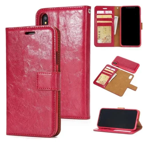 Funda para iPhone Xr Crazy Horse Cubierta Trasera Magnética de Cuero con Tapa Horizontal Soporte Ranuras Tarjetas Marco Fotos Billetera (Rojo)