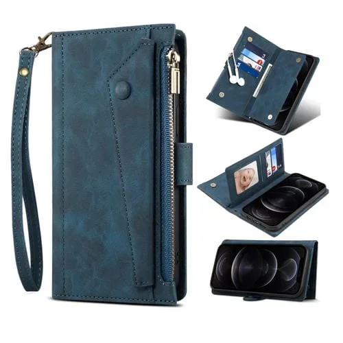 Funda para iPhone Xr Cuero con Tapa Horizontal Esmerilada Retro Soporte Ranura Tarjeta Billetera Bolsillo Cremallera Cordón (Verde Oscuro)
