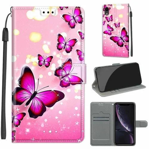Funda para iPhone Xr Cuero de Pu Cierre Magnético Tapa Horizontal Soporte Ranuras para Tarjetas (Gradient Pink Flying Butterflies)