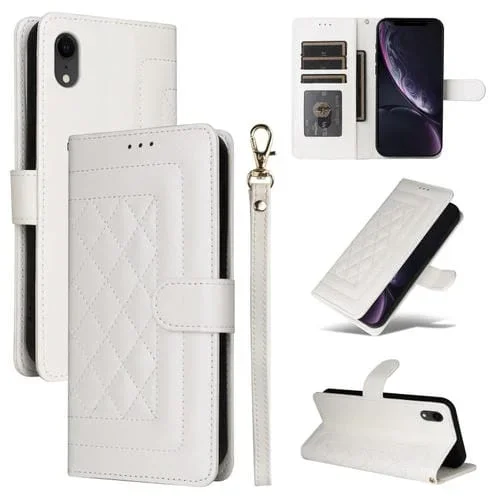 Funda para iPhone Xr Diamond Lattice de Cuero con Tapa para Teléfono (Blanco)