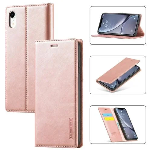 Funda para iPhone Xr Lc.Imeeke Flip Horizontal Ultrafina a Prueba de Golpes con Soporte y Ranuras (Oro Rosa)