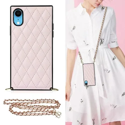 Funda para iPhone Xr Microfibra Cuero TPU Patrón Rómbico a Prueba de Golpes con Cadena (Rosa)