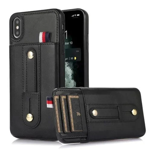 Funda para iPhone Xr Muñequera Kickstand Wallet Cuero para Teléfono (Negro)