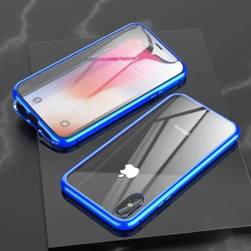 Funda para iPhone Xr Ultra Slim Doble Lados Doble Adsorción Magnética Marco Angular Imán Vidrio Templado Flip (Azul)