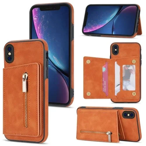 Funda para iPhone Xs Max con Cremallera y Tarjetero (Marrón)