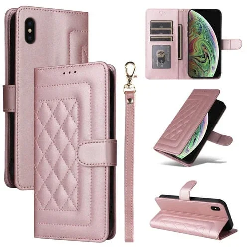 Funda para iPhone Xs Max Diamond Lattice de Cuero con Tapa (Oro Rosa)