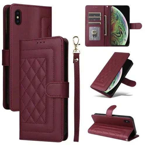 Funda para iPhone Xs Max Diamond Lattice de Cuero con Tapa (Rojo Vino)