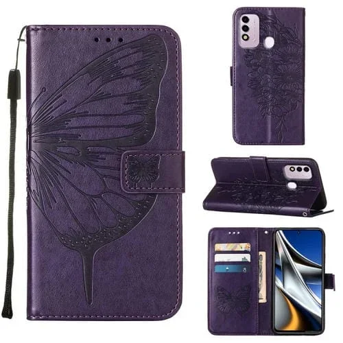 Funda para Itel P37 Vision 2S de Cuero con Mariposa en Relieve (Morado Oscuro)