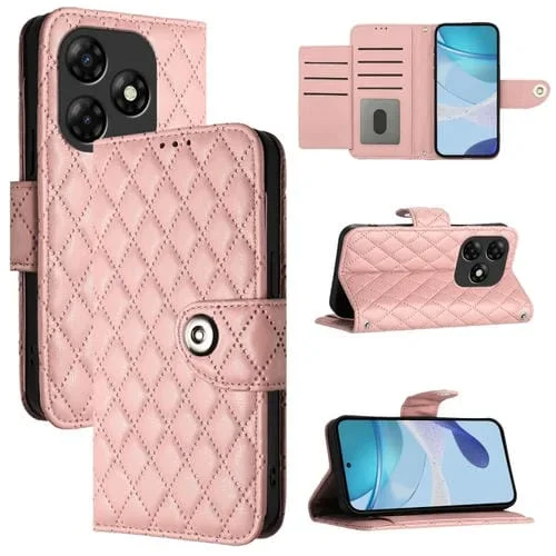 Funda para Itel P55 4G de Cuero con Tapa, Textura Rómbica y Cordón (Rosa Coral)
