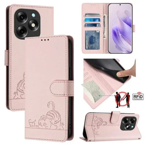 Funda para Itel S23 de Cuero RFID con Patrón Relieve Cat Rat y Cordón (Rosa)