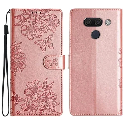 Funda para LG K50 Cherry Blossom Butterfly Skin Feel de PU en Relieve (Oro Rosa)
