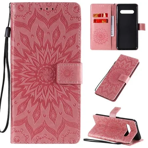 Funda para LG V60 Thinq 5G Cuero PU con Diseño Girasol, Soporte, Ranuras y Cordón (Rosa)