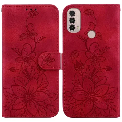 Funda para Motorola Moto E20 E30 E40 de Cuero con Relieve Lily (Rojo)