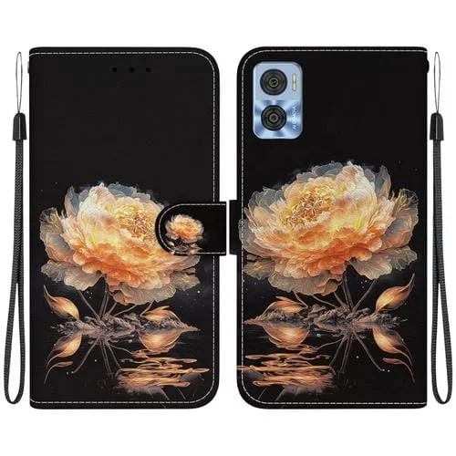 Funda para Motorola Moto E22 / E22I de Cuero con Dibujo Coloreado y Textura de Cristal (Peonía Dorada)