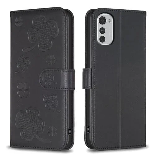 Funda para Motorola Moto E32 4G de Cuero con Relieve de Cuatro Hojas (Negro)