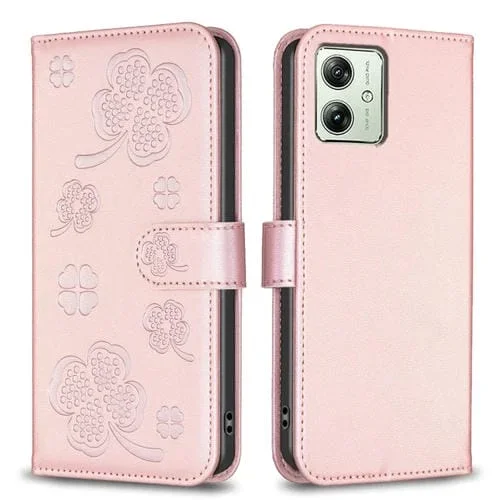 Funda para Motorola Moto G54 5G Eu Edition de Cuero con Relieve de Cuatro Hojas (Rosa)