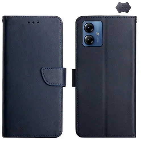 Funda para Motorola Moto G54 con Tapa Horizontal a Prueba de Huellas de Cuero Genuino (Azul)