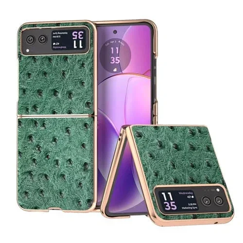 Funda para Motorola Razr 40 de Cuero Genuino con Textura de Avestruz y Nanochapado (Verde)