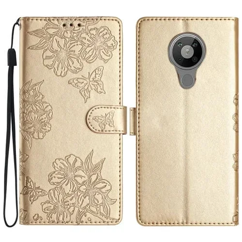 Funda para Nokia 5.4 Cherry Blossom Butterfly Skin Feel de PU en Relieve (Oro)