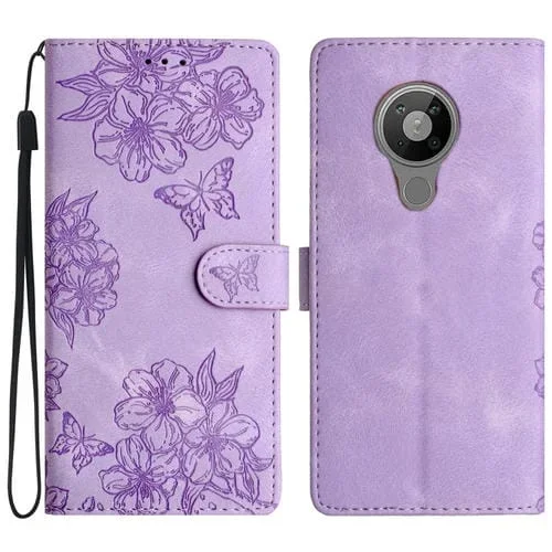 Funda para Nokia 5.4 Cherry Blossom Butterfly Skin Feel de PU en Relieve (Púrpura)