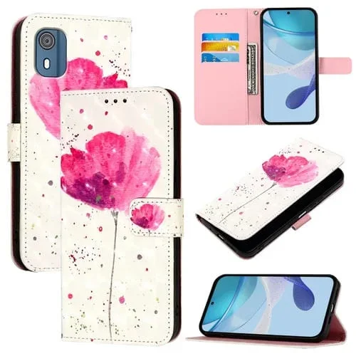 Funda para Nokia C02 de Cuero con Tapa Horizontal y Pintura 3D (Flor)