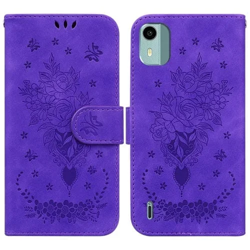 Funda para Nokia C12 Butterfly Rose de Cuero en Relieve (Púrpura)