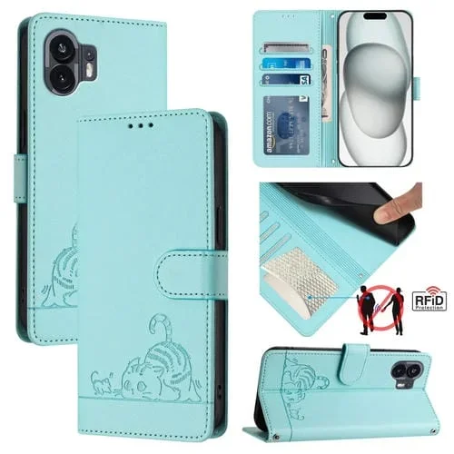 Funda para Nothing Phone 2A CAT Rat Cuero Rfid con Patrón En Relieve y Cordón (Verde Menta)