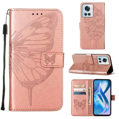 Funda para OnePlus Ace 5G de Cuero con Mariposa en Relieve (Oro Rosa)