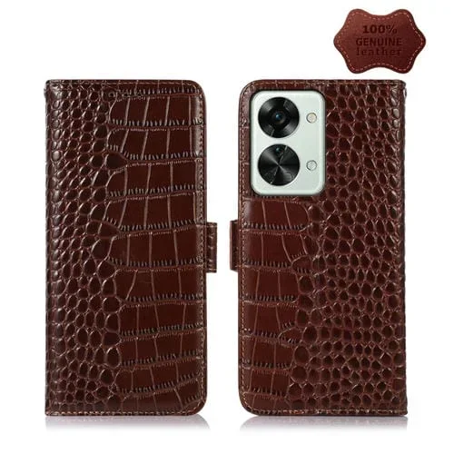 Funda para OnePlus Nord 2T 5G de Cuero Crocodile Top Cow Wide (Marrón)