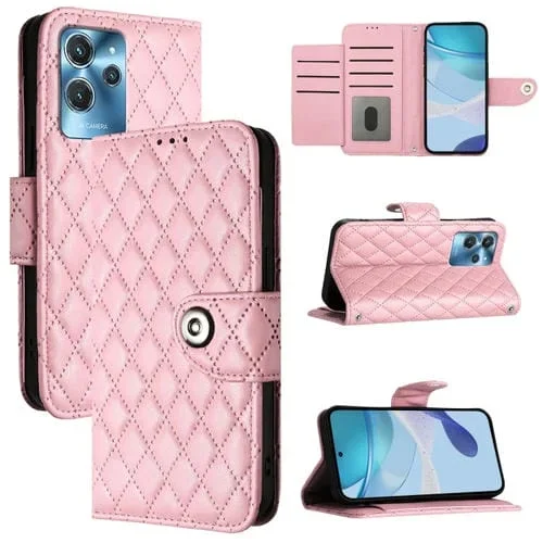Funda para Oukitel C32 de Cuero con Tapa Textura Rómbica y Cordón (Rosa)